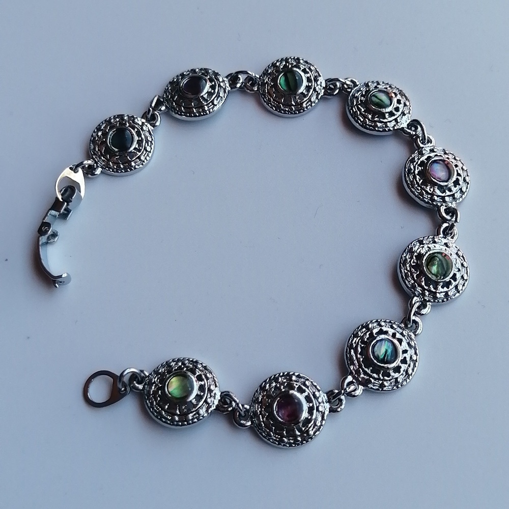 🔥BOGO🔥Abalone Paua Shell Bracelet Multi Coloured Silvertone Hinged Closure